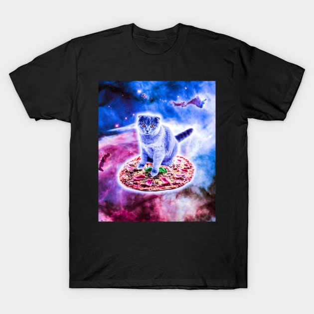 Galaxy Kitty Cat Riding Pizza In Space T-Shirt by Random Galaxy